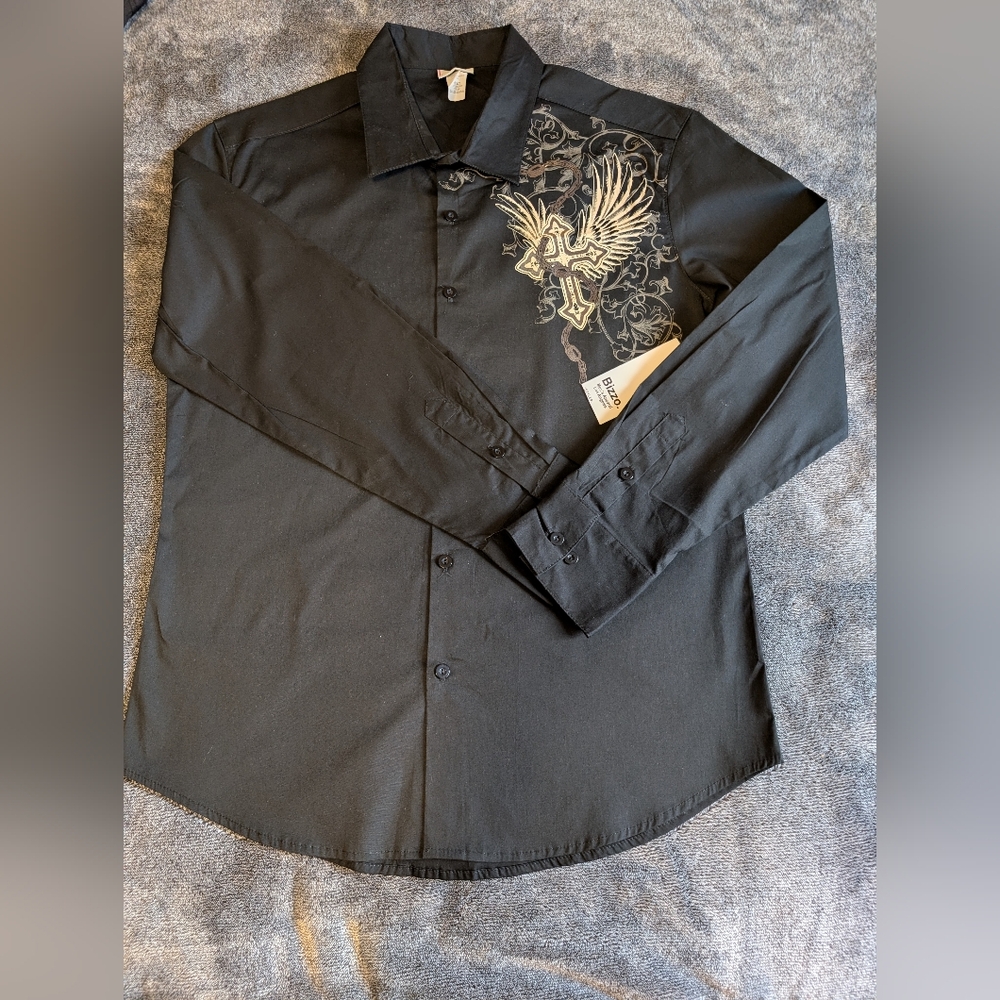 Men's Elegant Black Button-Up Shirt with Eagle Design